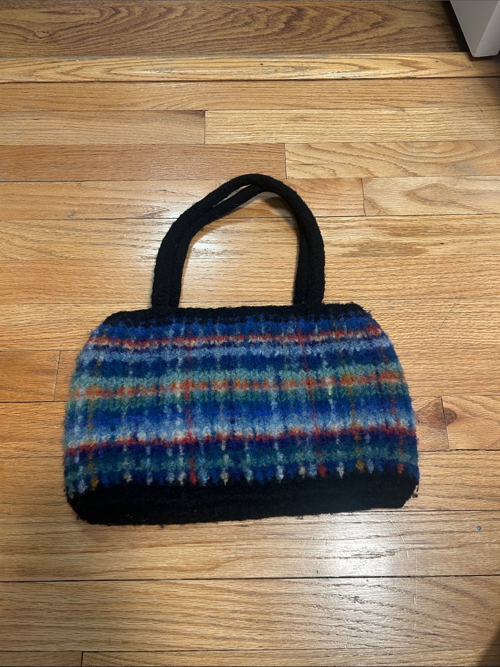 Wool Plaid Handbag with Black Handles - Blue Multi